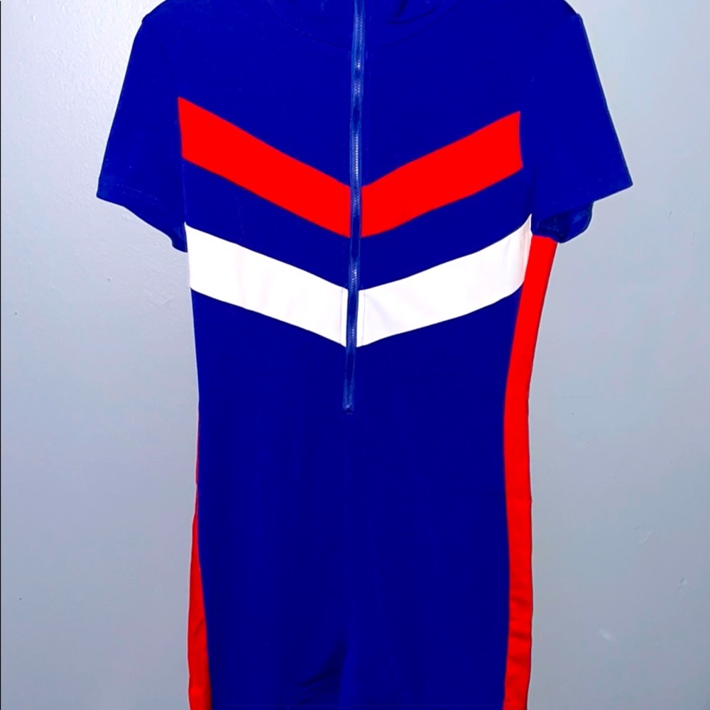 Blue w/ red &white striped zipper jumpsuit